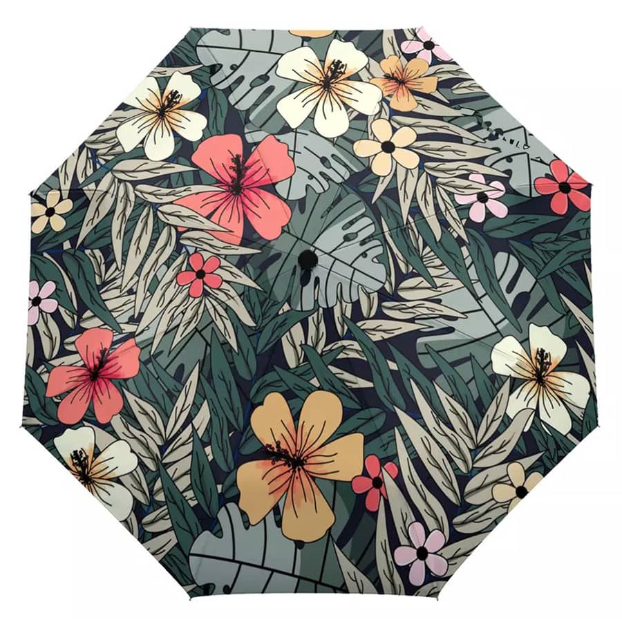 A full-colour umbrella featuring a vibrant floral design with hibiscus and tropical leaves in shades of pink, yellow, and green.