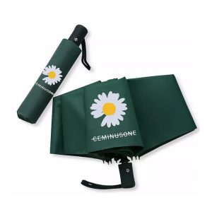 A full colour green umbrella with a daisy design and a matching cylindrical case. It features a logo on the case.