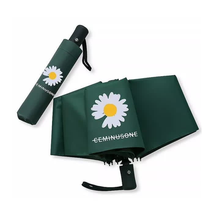 A full colour green umbrella with a daisy design and a matching cylindrical case. It features a logo on the case.