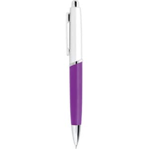 A metal pen in silver and purple, featuring a clip and a smooth design. It has a logo on the body.