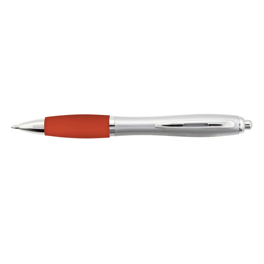 A plastic pen with a silver barrel and a red rubber grip, featuring a logo on its body.