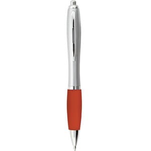 A plastic pen featuring a red grip and silver accents, with a branding logo on the body.