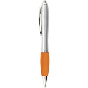 A silver and orange plastic pen with a sleek design and a clip, featuring a branding logo.