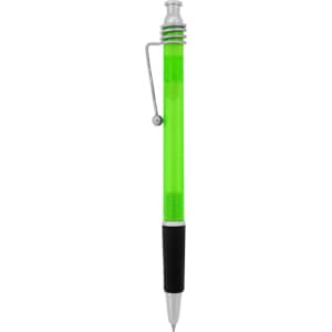 A bright green pen with a silver clip and black grip, featuring a sleek design and a branding logo.