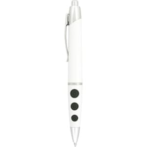 A white plastic pen featuring silver accents and three black buttons, with a clip for attaching to pockets or notebooks.