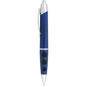 A blue plastic pen with silver accents and three black buttons, featuring a logo on its body.