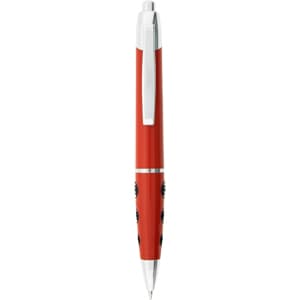 A red plastic pen with a silver clip and black grip. It features a logo on the body.
