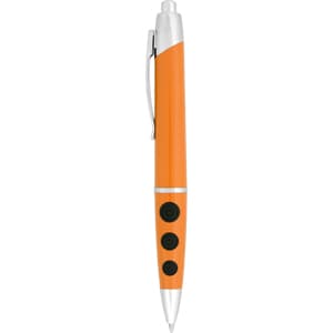An orange plastic pen with silver accents and three black buttons, featuring a clip for attachment.