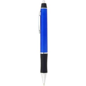 A blue plastic pen with a silver clip and black grip. It features a logo on the barrel.
