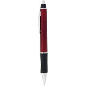 A red plastic pen with a silver clip and grip, designed for writing. It features a branding logo.