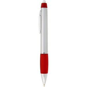 A metal pen featuring a silver body and a red grip, with a clip and a logo.