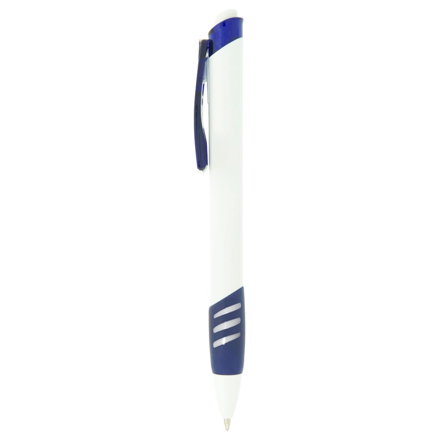 A plastic pen in white and navy blue, featuring a branding logo and a clip for attachment.