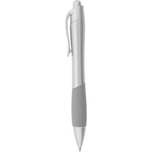 A metallic pen with a silver finish and grey grip, featuring a clip and a logo.