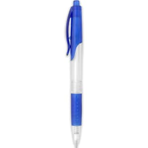 A plastic pen with a blue barrel and a clear grip, featuring a blue clip and a logo.