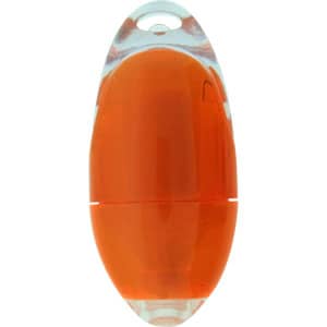 An orange highlighter with a rounded shape and a transparent front, featuring a branding logo.