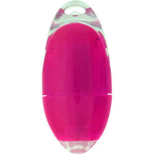 A highlighter in a pink and clear design, featuring a smooth oval shape and a branding logo.