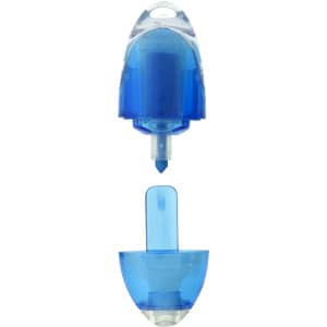 A blue highlighter with a transparent cap, featuring a rounded tip and a branding logo.
