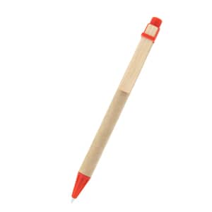 A wooden pen with an orange tip and cap, featuring a simple design and a logo on the barrel.