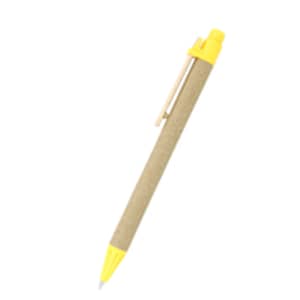A yellow and kraft-coloured pen with a clip and a pointed tip. It features a logo on its body.