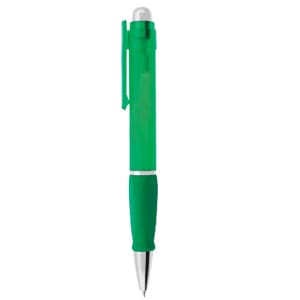 A green plastic pen with a silver nib and a clip, featuring a logo on its barrel.