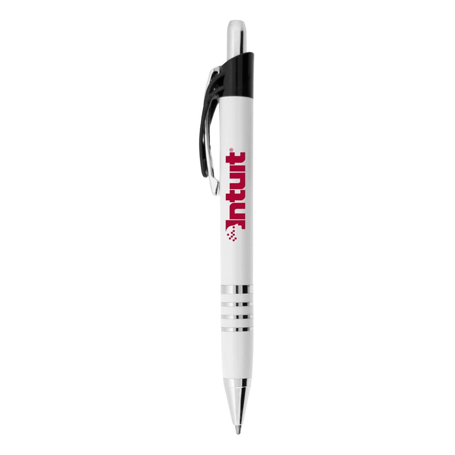 A metal pen with a white barrel, black clip, and silver accents, featuring a logo on the side.