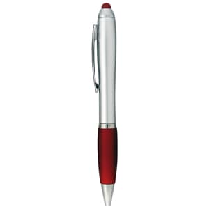 A silver stylus pen with a red grip and a branding logo on the side.