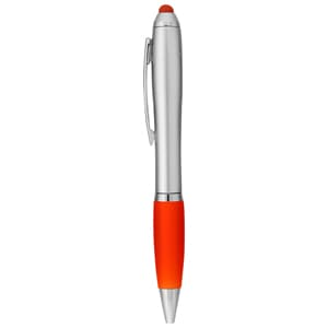 A silver stylus pen with an orange rubber grip and a clip for easy attachment. It features a logo.