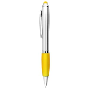 A silver stylus pen with a yellow grip and a yellow stylus tip, featuring a clip and sleek design.