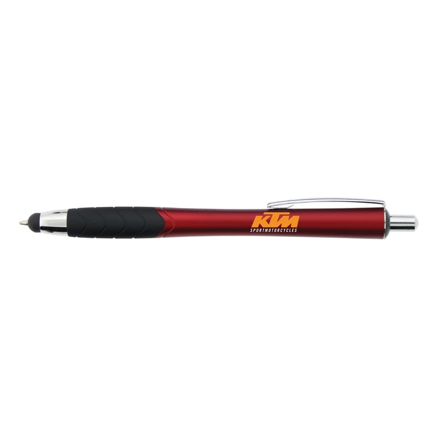 A red stylus pen with a black grip and a branded logo on the barrel.