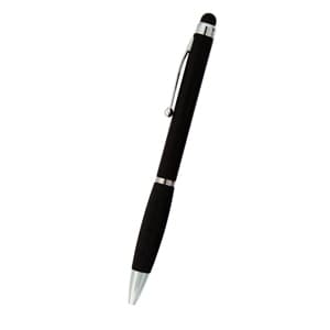 A black stylus pen with a silver clip and tip, featuring a rubber end for touchscreen use.