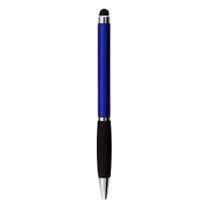A blue stylus pen with a black rubber grip and a silver accent. Features a logo on the body.