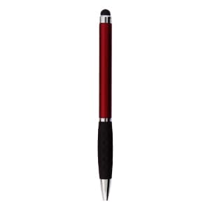 A red stylus pen with a black rubber grip and a silver accent. It has a logo near the top.