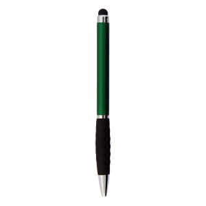 A green stylus pen with a black rubber grip and a shiny silver tip, featuring a logo.