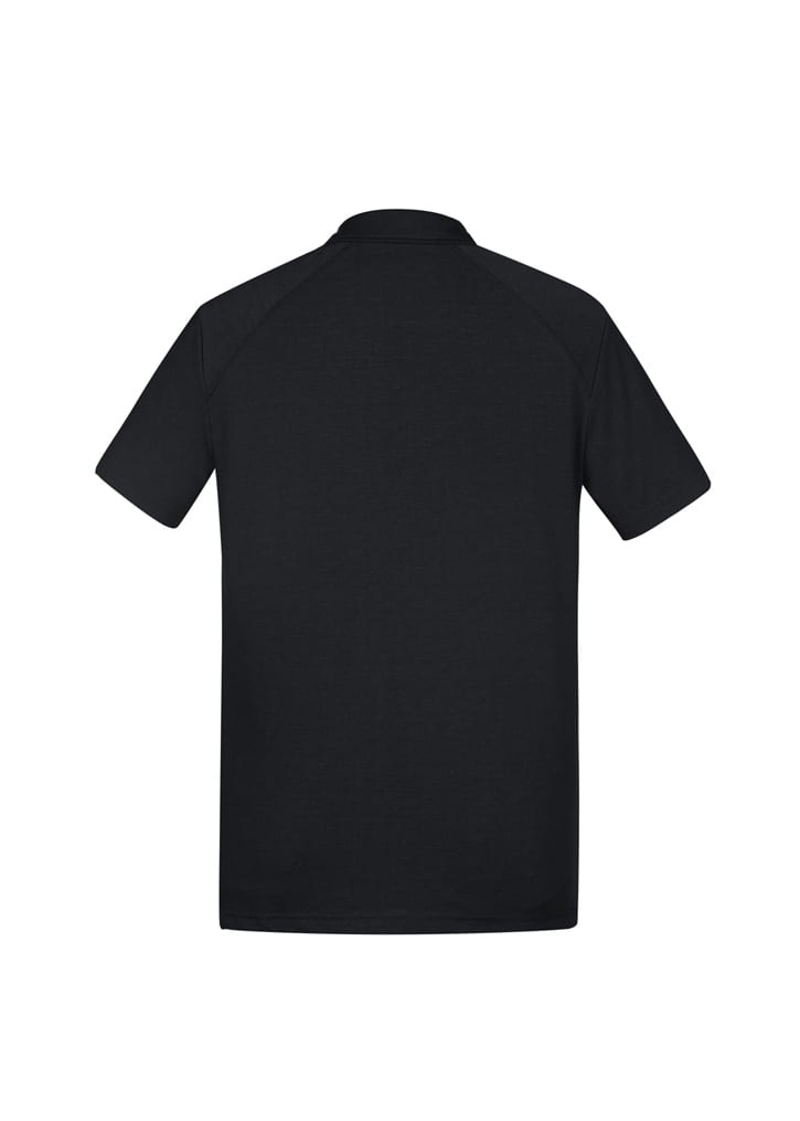 A black short sleeve polo shirt with a collar and a logo. The design features a simple and classic style.