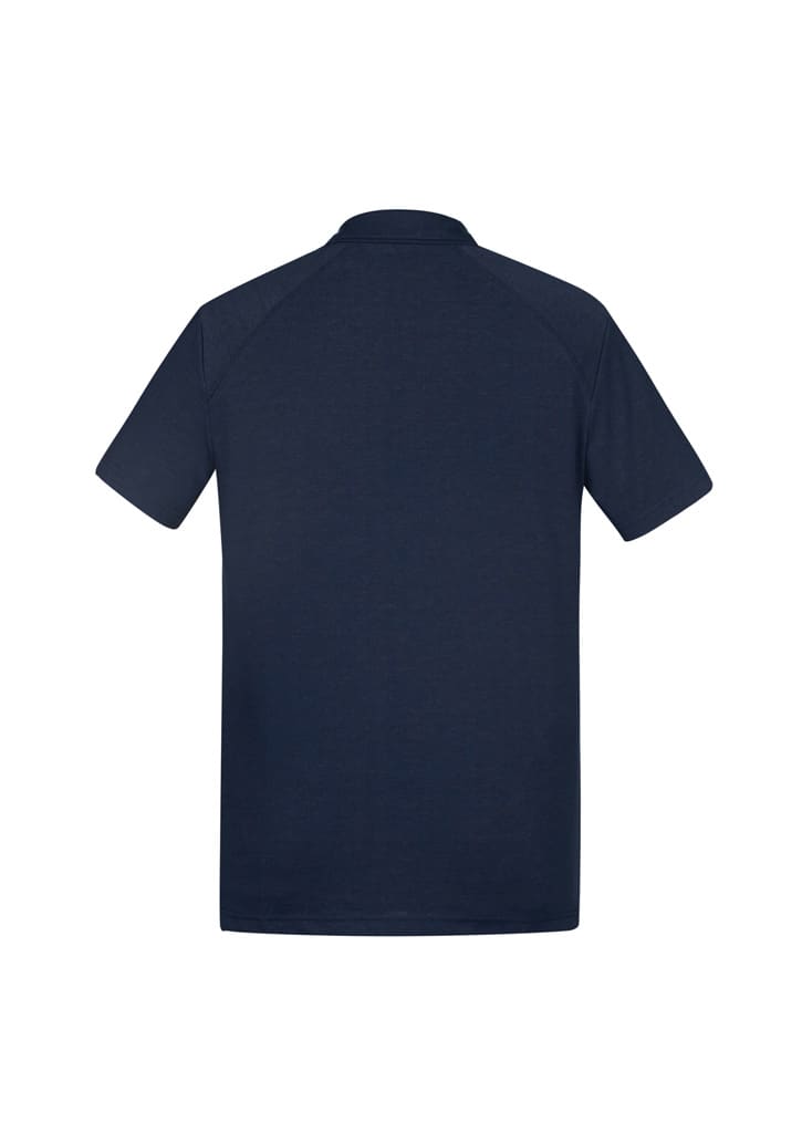 A navy short sleeve polo shirt with a back view, featuring a simple design and a logo.