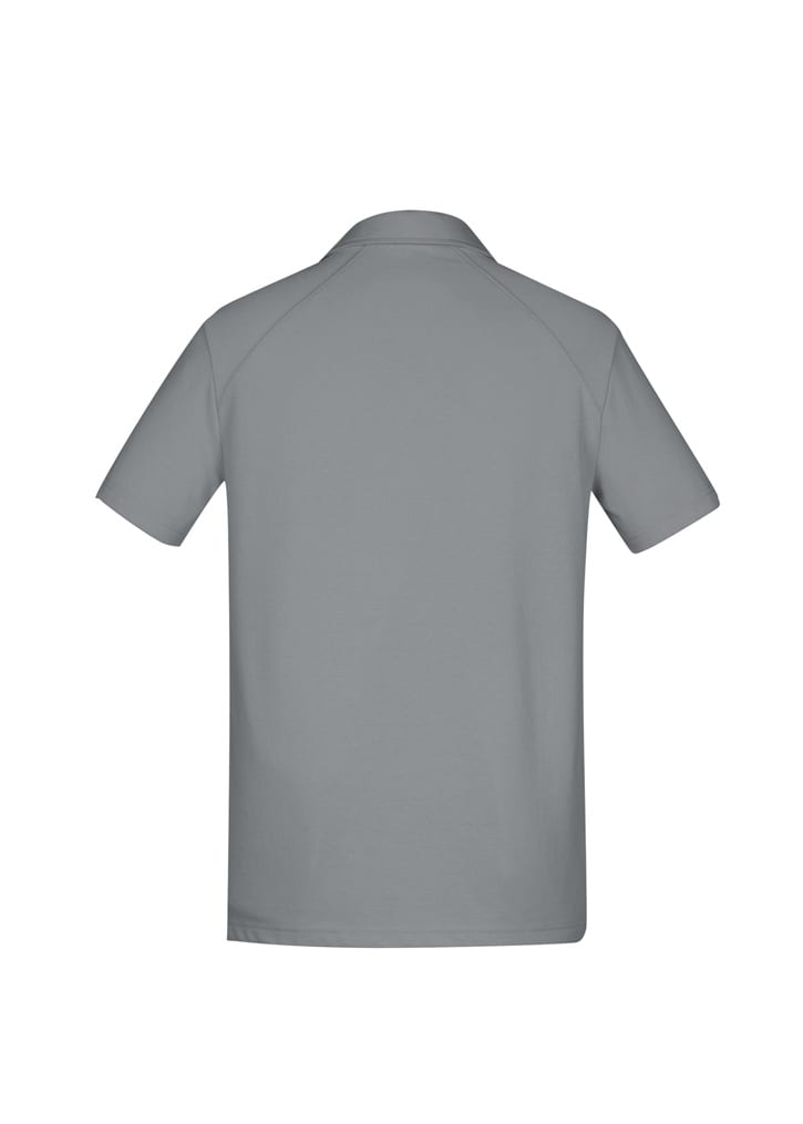 A grey short sleeve polo shirt with a collar, featuring a logo on the back.