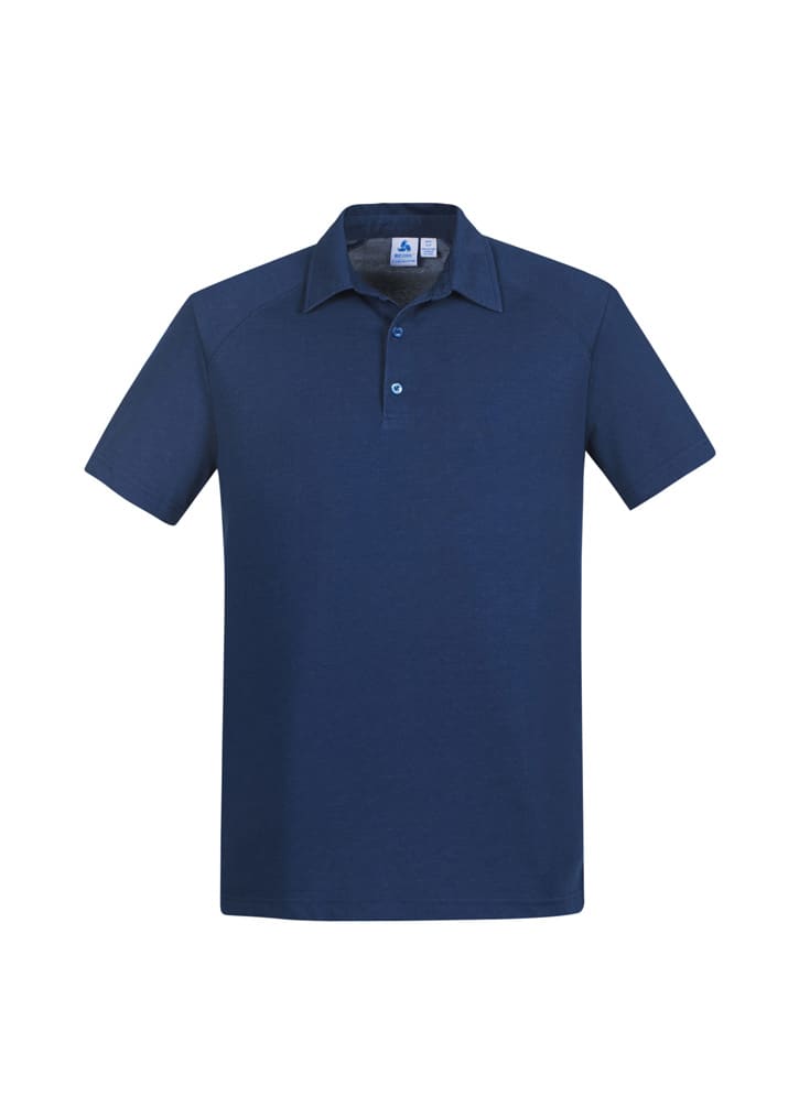 A navy blue short sleeve polo shirt featuring a collar and a logo.