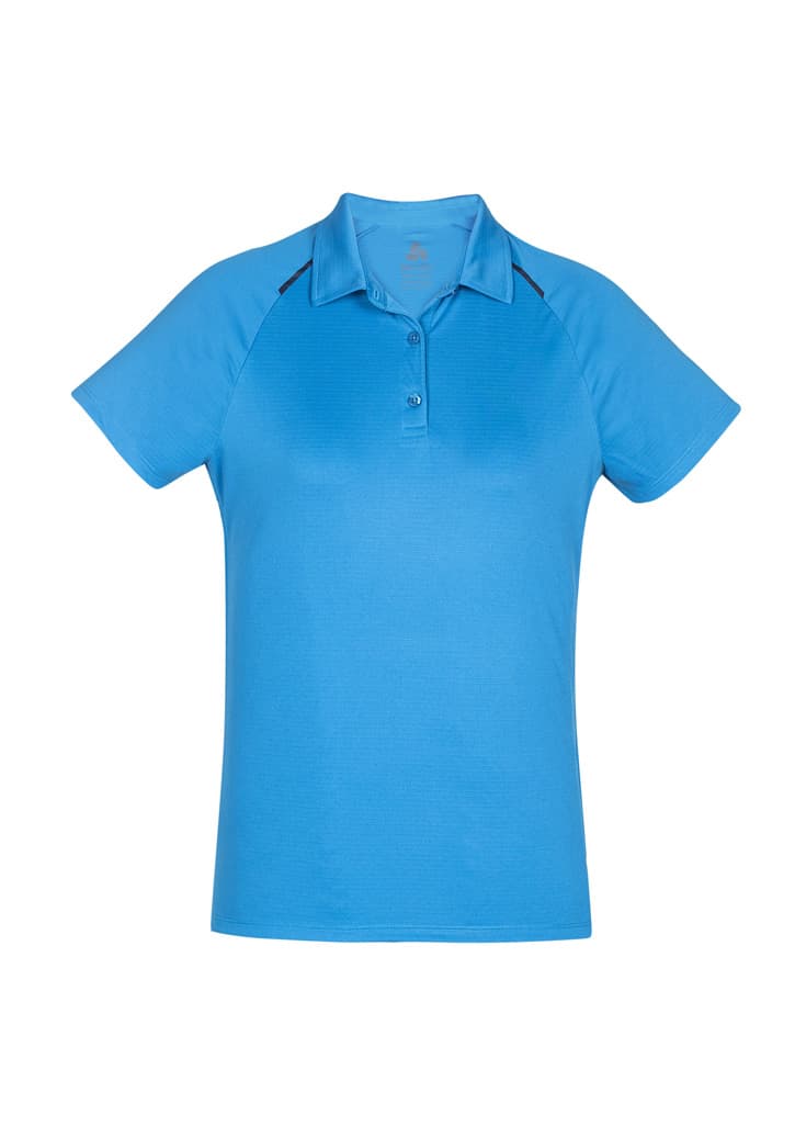 A women's short sleeve polo shirt in vibrant blue, featuring a collar and buttons, with a logo on the chest.