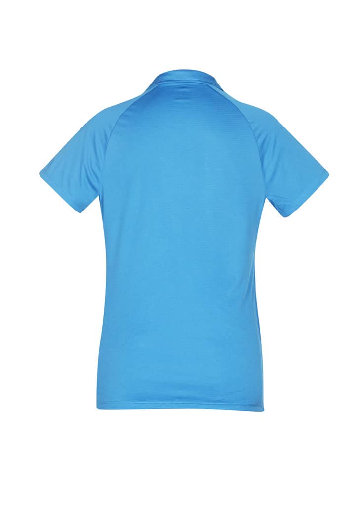 A short sleeve polo shirt in a bright blue colour, featuring a collar and a logo on the back.