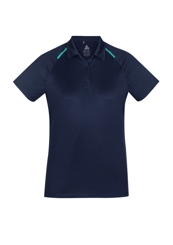 A navy short sleeve polo shirt with contrast green detailing and a logo on the chest.
