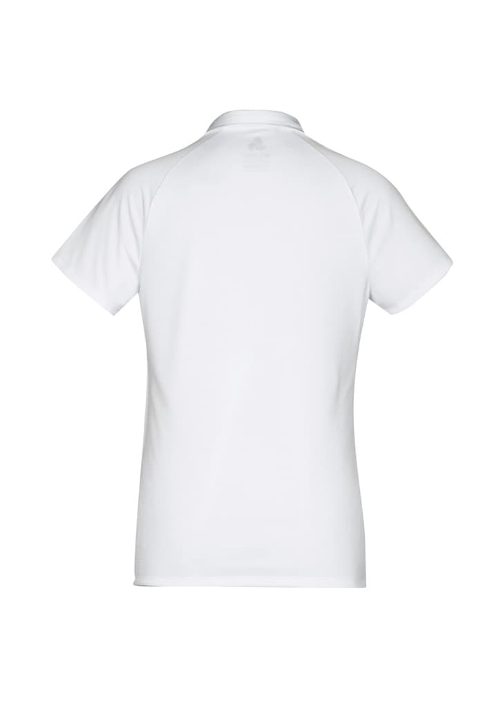 A white women's short sleeve polo shirt with a plain back and a logo on the neckline.