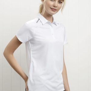 A women's short sleeve polo shirt in white with a collar, featuring a logo on the chest.