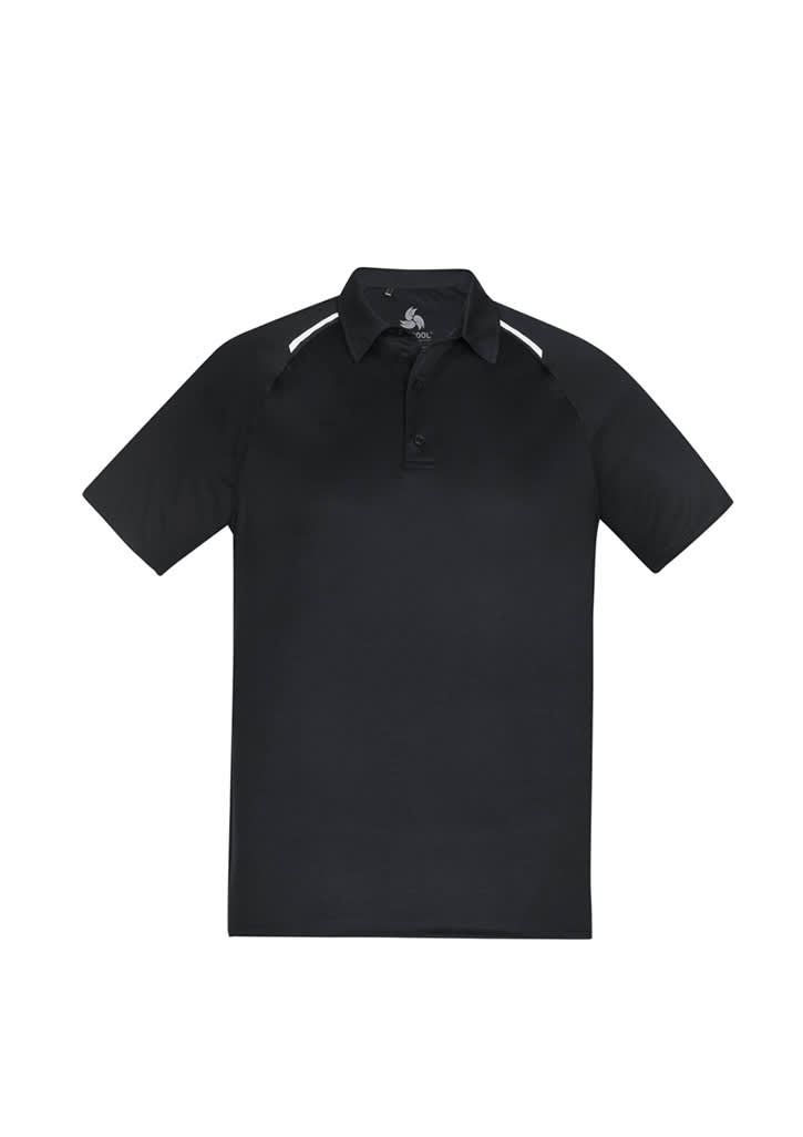 A black men's short sleeve polo shirt featuring shoulder accents and a logo.