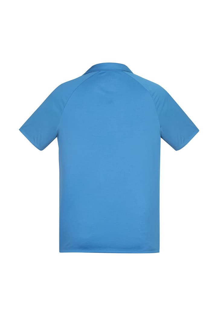 A short sleeve polo shirt in bright blue with a smooth finish and a logo on the back.