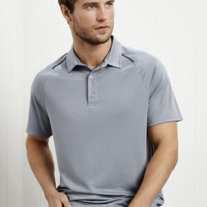 A grey short sleeve polo shirt featuring a collar and buttons, displayed on a model against a light background.