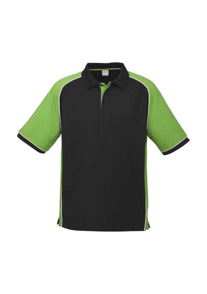 A black and green men's short sleeve polo shirt with contrasting trim and a logo.