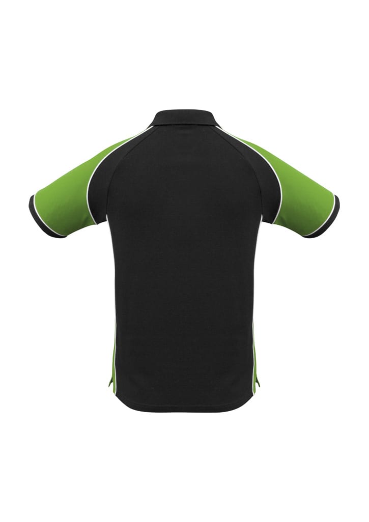 A black polo shirt with green sleeves and accents, featuring a standard collar and logo.