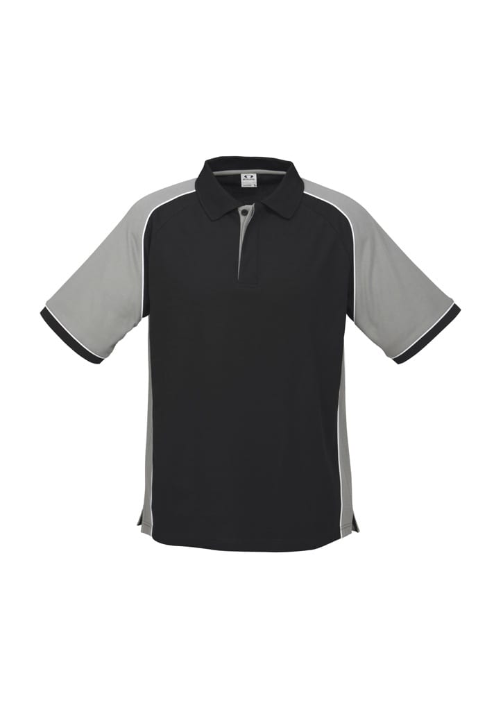 A black and grey men’s polo shirt with short sleeves and contrasting trim, featuring a logo.