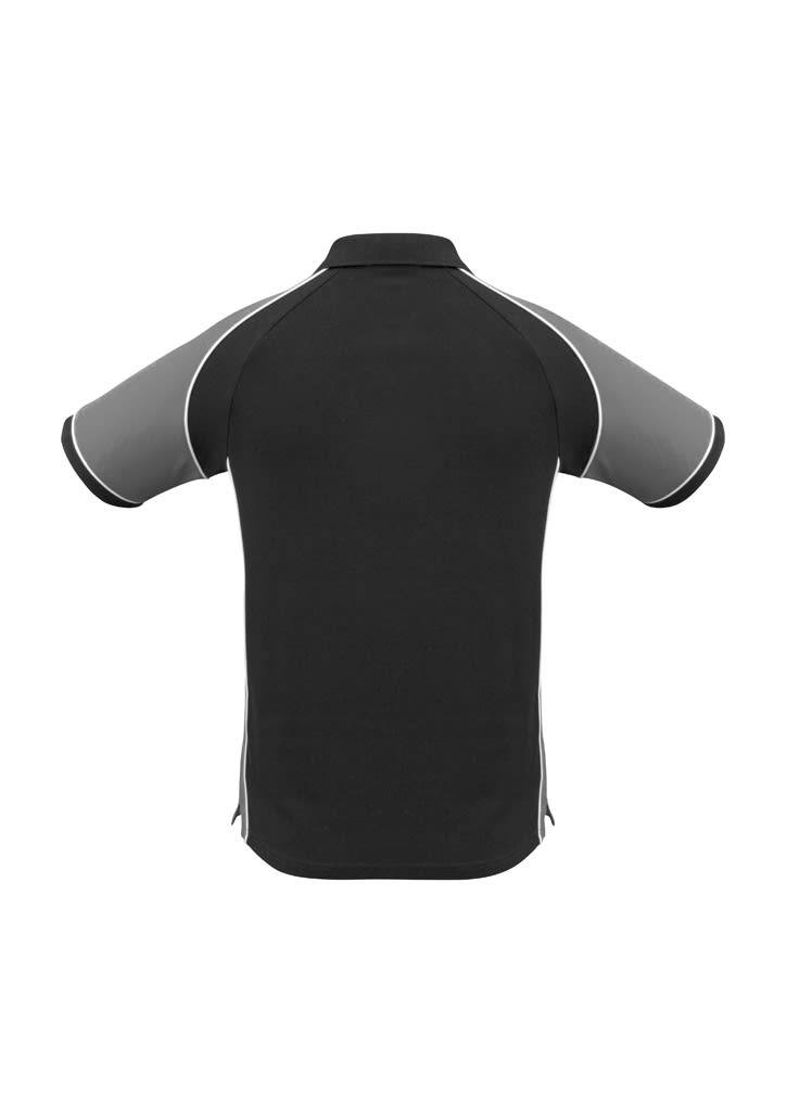 A black and grey men's polo shirt with short sleeves and a logo. Features contrasting trim and side panels.