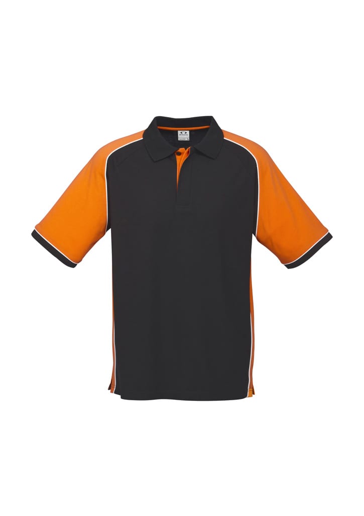 A black and orange short sleeve polo shirt featuring a logo and contrasting trim.